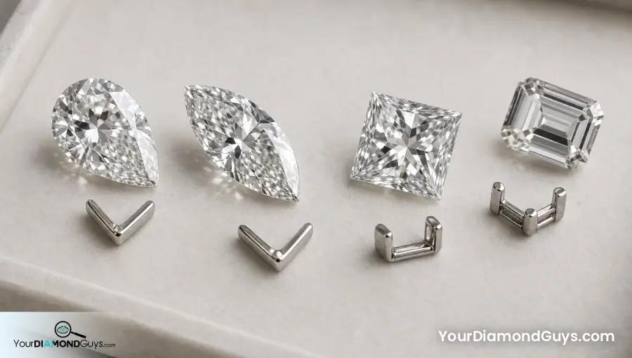 Pear marquise princess and emerald diamonds beside protective tip and corner settings