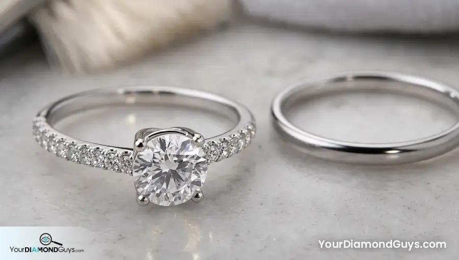 Round diamond pave engagement ring beside a plain band showing sparkle and tiny prongs