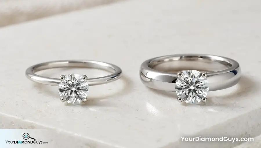 Thin and wider platinum engagement ring bands with the same round diamond showing size illusion