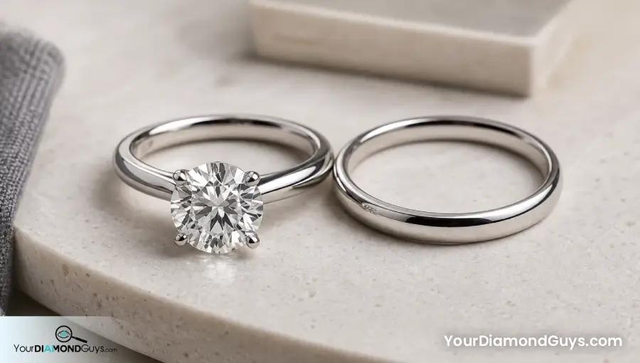 Round solitaire engagement ring beside a plain wedding band showing stack proportion