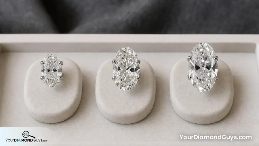 Three oval diamond shortlist options increasing in finger coverage