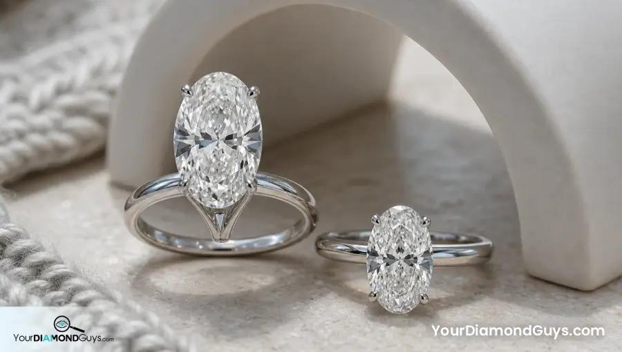 Large high set oval diamond ring beside lower set oval ring showing daily wear height