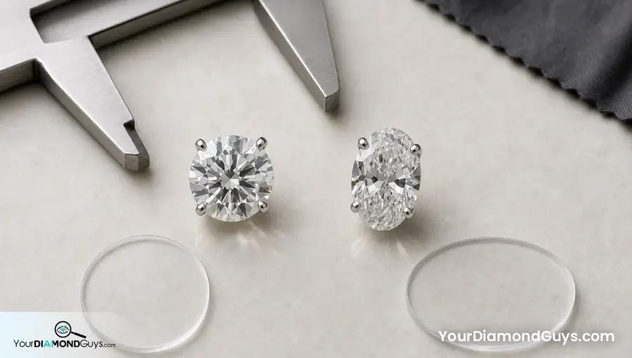 Round and oval diamond temporary settings beside blank calipers showing millimeter footprint