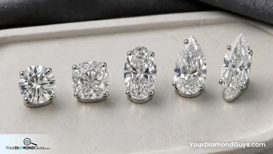 Round cushion oval pear and marquise diamonds showing different face up coverage