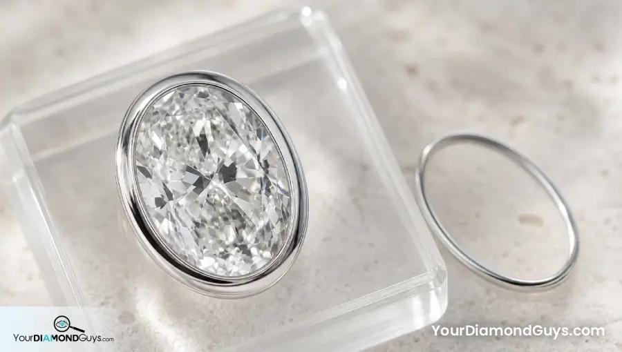 Oval diamond in a polished white metal bezel showing protective metal around the edge
