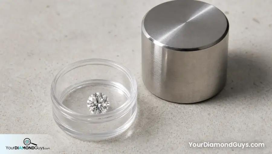 One carat round diamond in a clear weighing capsule beside an unmarked calibration mass