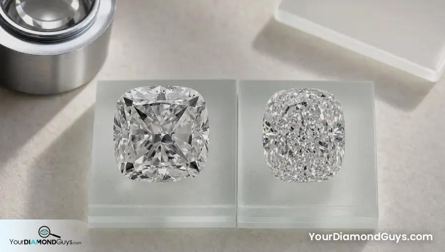 Chunky and crushed ice cushion diamonds beside a loupe showing different center texture