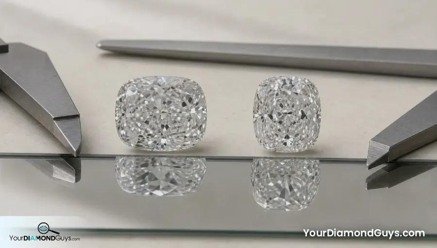 Two cushion diamonds on a mirror strip showing shallow and deep side profiles