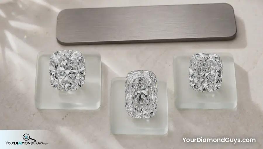 Square elongated and rectangular cushion diamonds on frosted pads showing shape variation