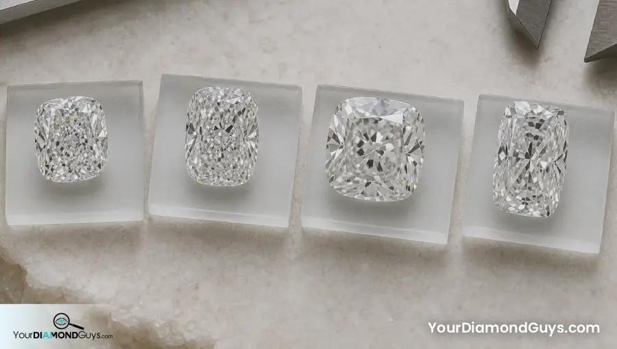 Four cushion diamonds on frosted pads beside blank calipers showing millimeter size range