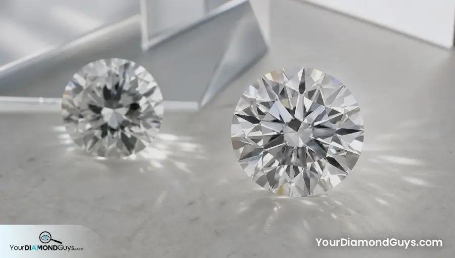 Two round diamonds under white light showing how depth changes brightness and contrast