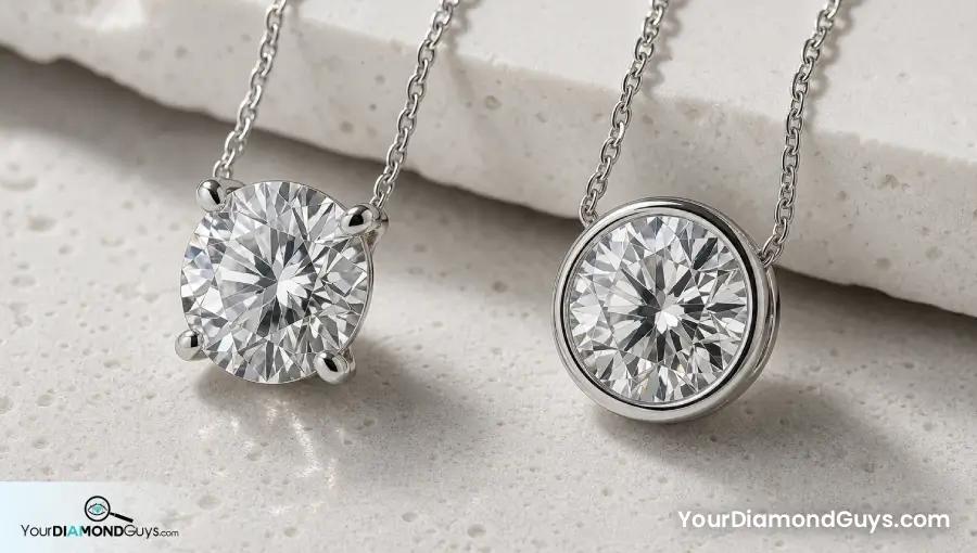 Prong and bezel round diamond pendants shown side by side