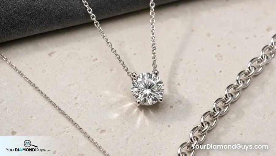 Round diamond pendant beside fine medium and heavy chains showing chain proportion