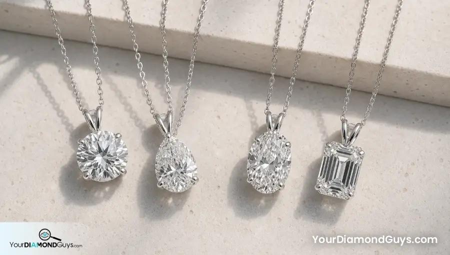 Round pear oval and emerald diamond pendants on white gold chains