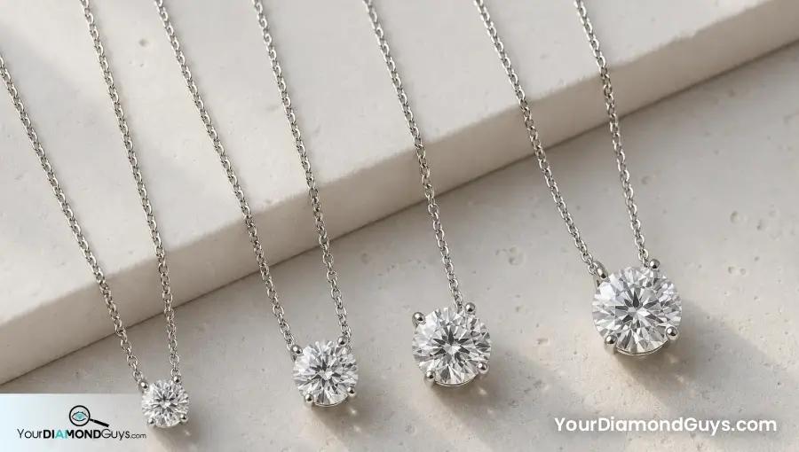 Four solitaire diamond pendants arranged from subtle to statement size