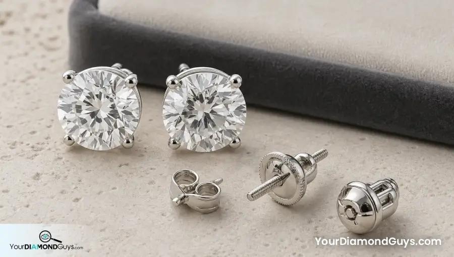 Round diamond stud earrings with push screw and locking backs