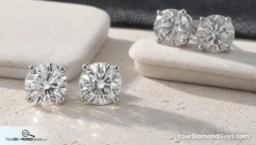 Bright round diamond stud pair beside a larger duller pair under studio light