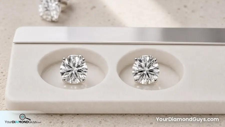 Matched round diamond stud earrings in equal display wells