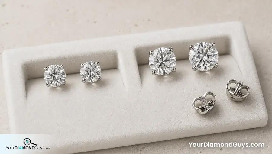 Two matched diamond stud earring pairs showing smaller and larger per ear size