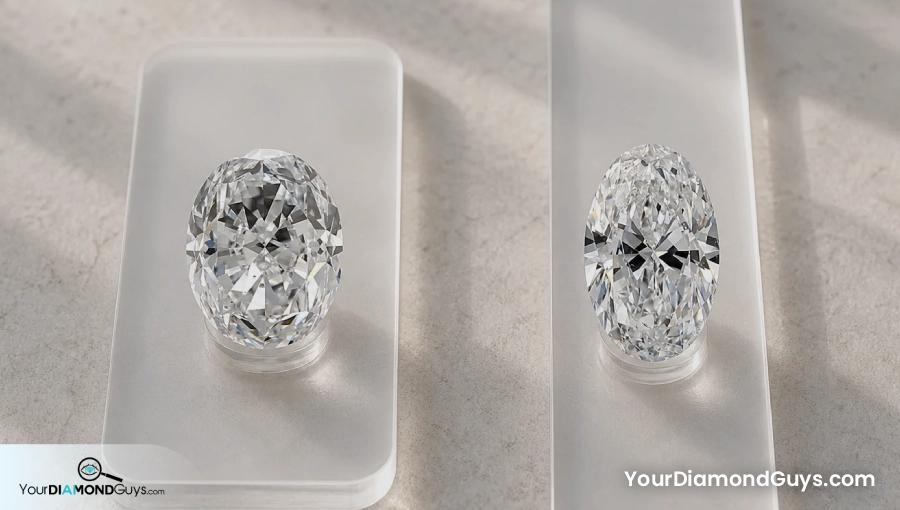 Two oval diamonds with different length to width ratios on clear coverage strips