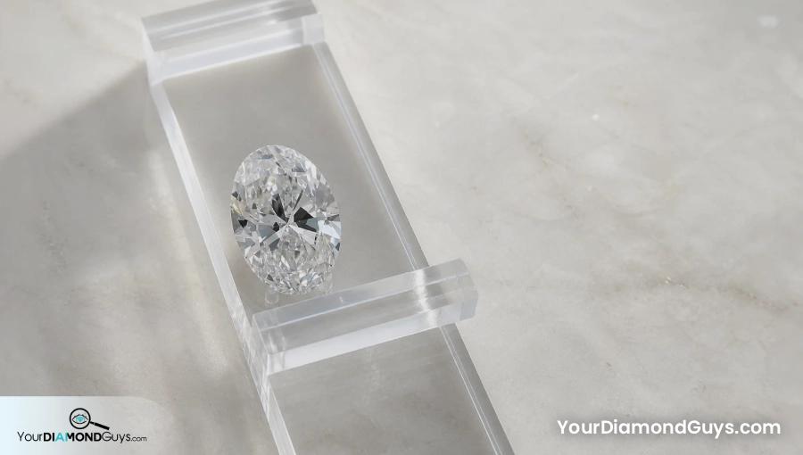 Oval diamond between clear length and width gates on a pale stone surface