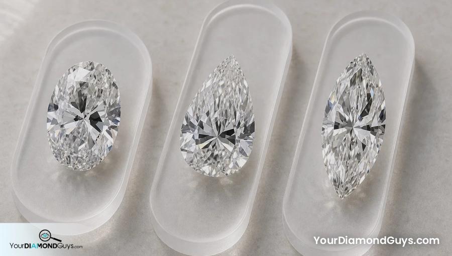 Oval pear and marquise diamonds on frosted ratio pads