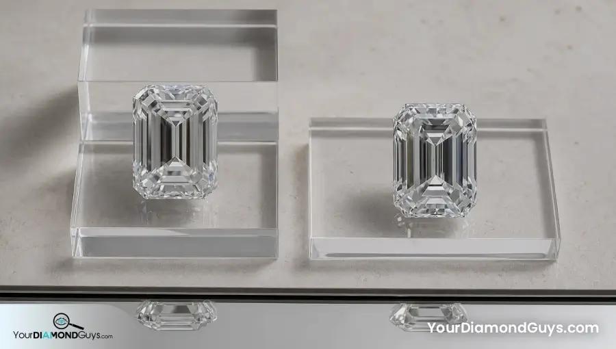Two emerald cut diamonds on clear footprint plates showing depth and face up spread