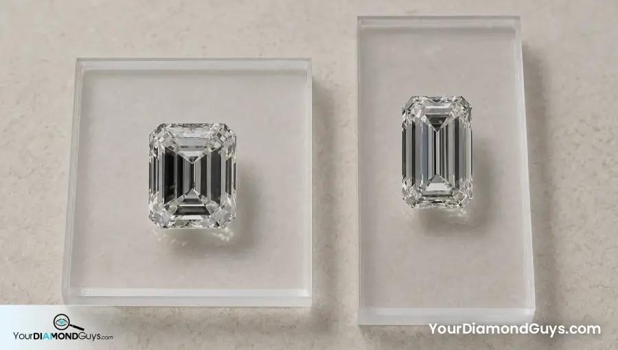 Short and long emerald cut diamonds on blank ratio frames