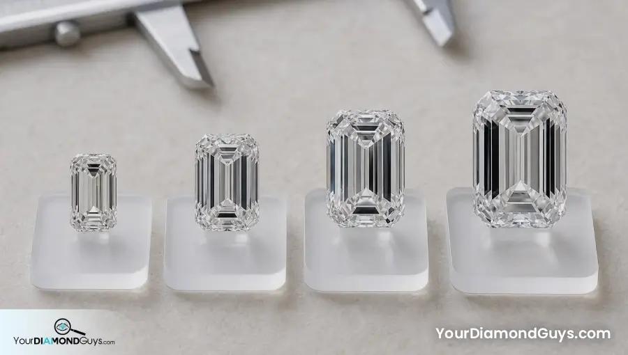 Four emerald cut diamonds increasing in size on frosted acrylic pads