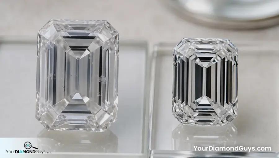 Large sleepy emerald cut beside smaller crisp emerald cut on optical glass