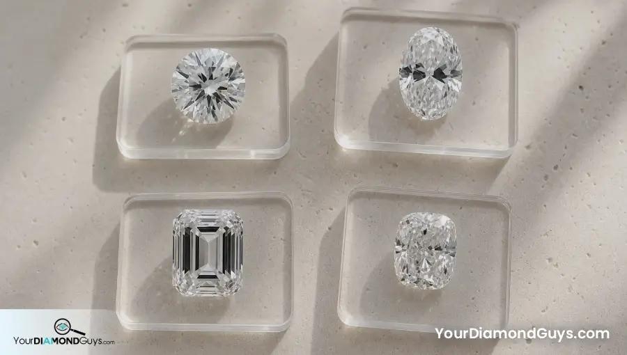 Round oval emerald and cushion diamonds on clear footprint plates showing face up spread