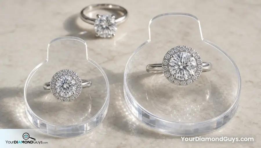 Round halo rings on clear ring size templates showing finger coverage proportion