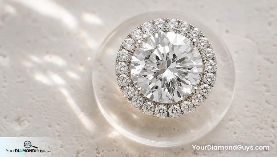 Round diamond halo setting on a clear viewing pad showing a larger bright outline