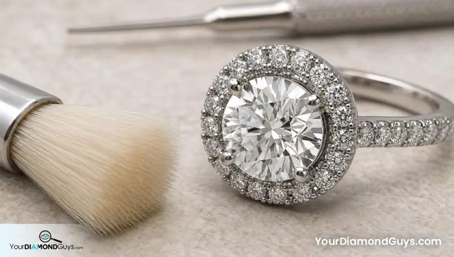 Round halo engagement ring with tiny prongs beside a cleaning brush and prong tool