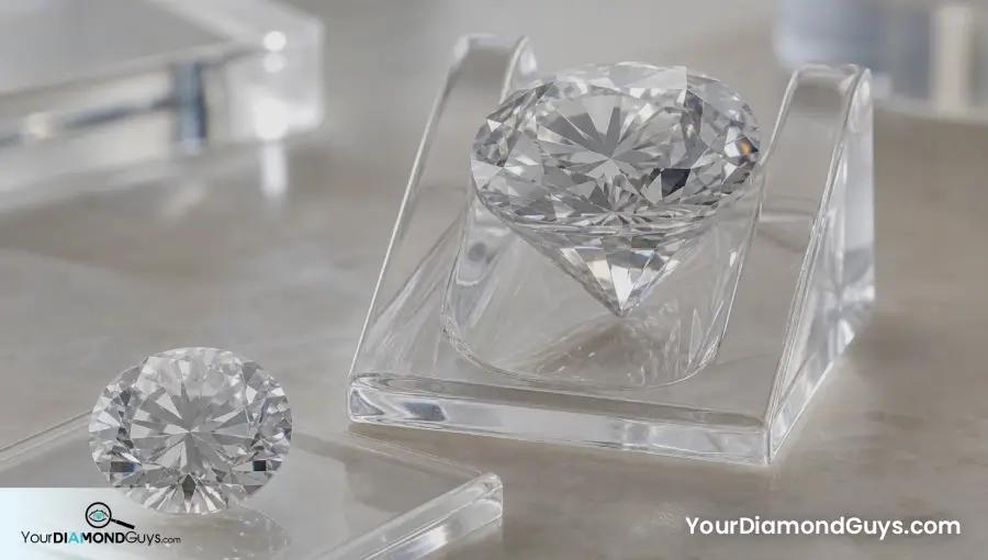 Round diamond on a clear side profile stand showing pavilion depth and girdle weight