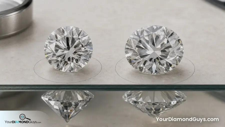 Two round diamonds above a mirror strip showing hidden pavilion weight and face up spread