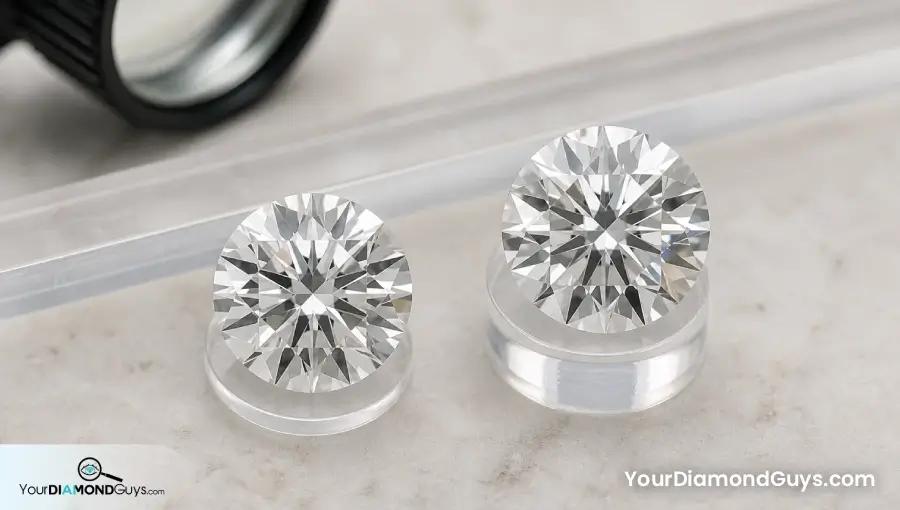 Two near identical round diamonds on clear pads showing just under carat value