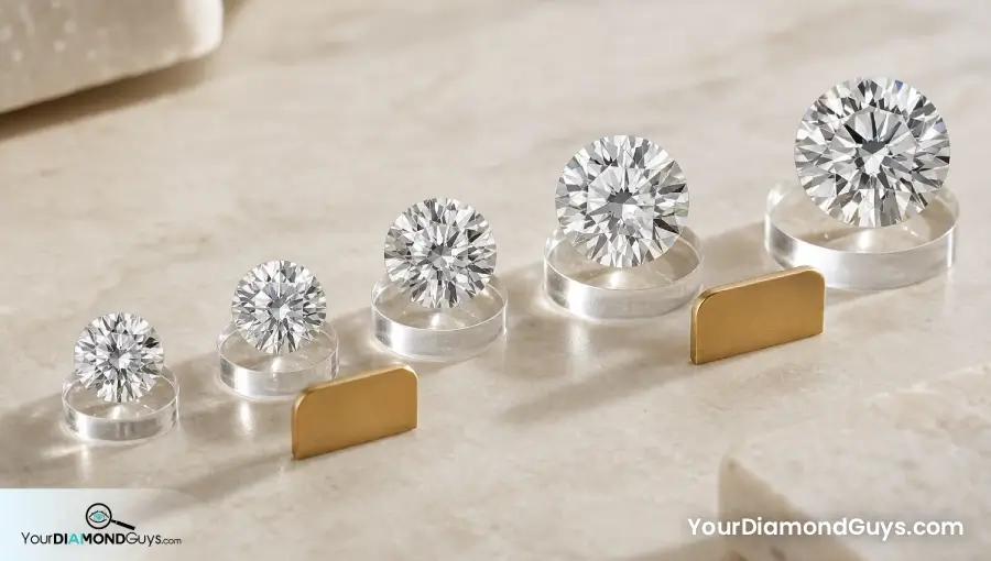 Round diamonds arranged on clear milestone threshold pads showing popular carat marks