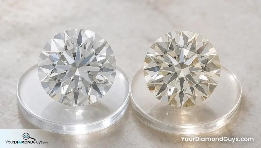 Two same size round diamonds on clear pads showing different face up color
