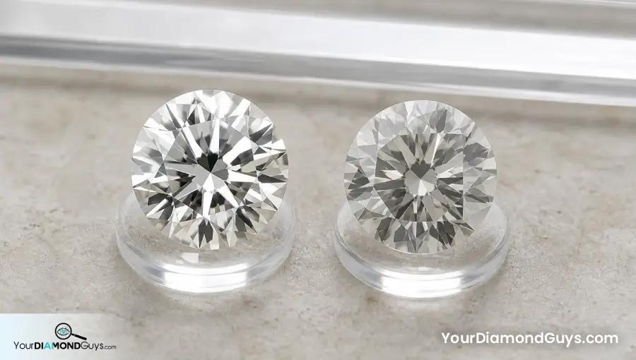 Bright and sleepy round diamonds on clear inspection pads showing brightness mismatch