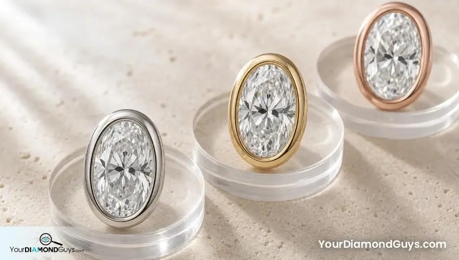 Oval diamonds in white yellow and rose metal frames showing different edge contrast