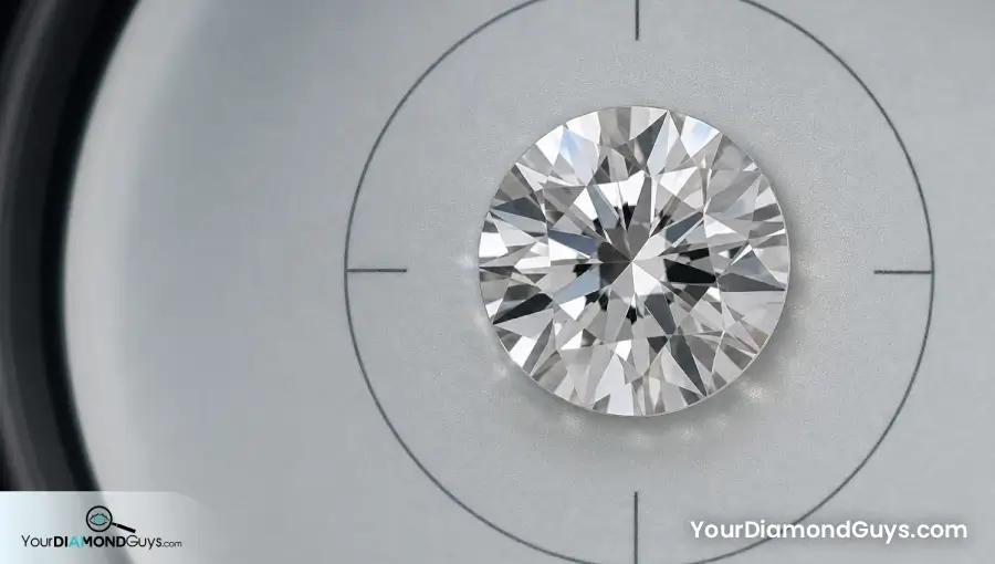 One carat round diamond on an optical reticle showing its face up millimeter footprint