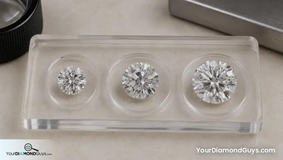 Round diamonds on clear range check windows showing normal small and shallow face up spread