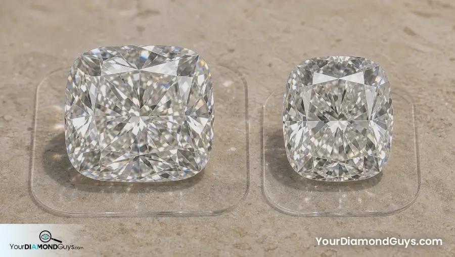 Two one carat cushion diamonds on clear footprint pads showing different face up spread