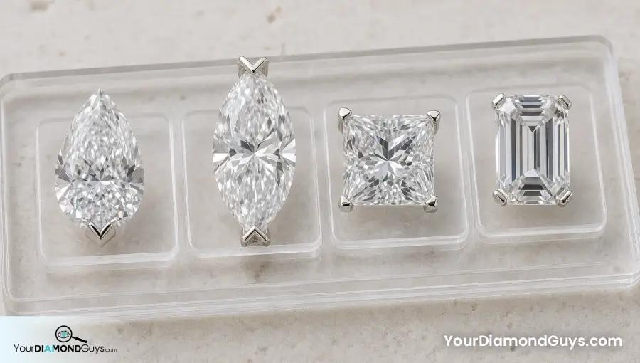 Pear marquise princess and emerald diamonds with tip and corner protection prongs