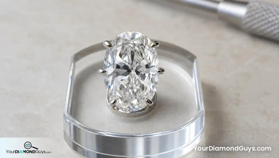 Oval diamond in delicate white metal prongs showing the outline stays visible