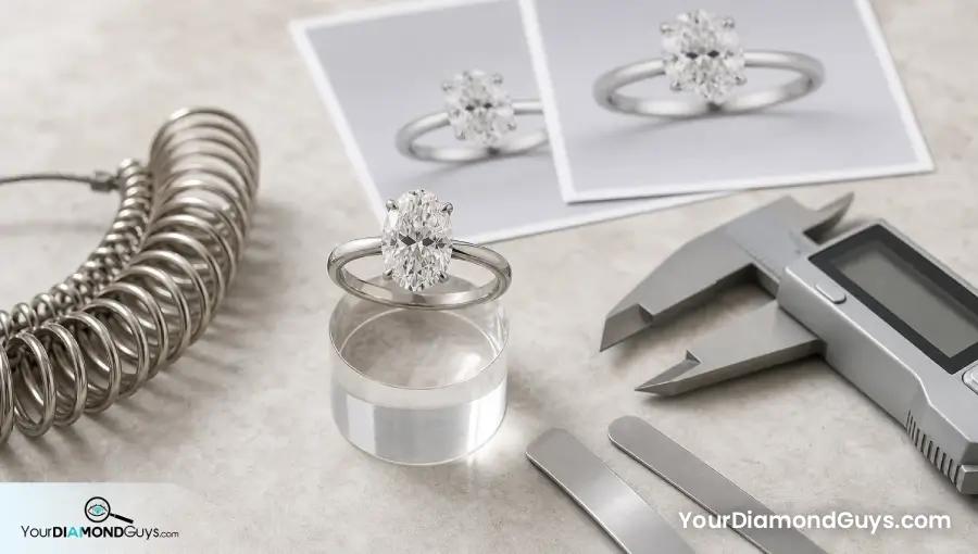 Oval diamond ring reference photo setup with ring gauges calipers and band width samples