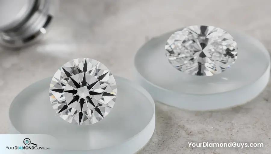 Bright round diamond beside longer oval showing stronger light return