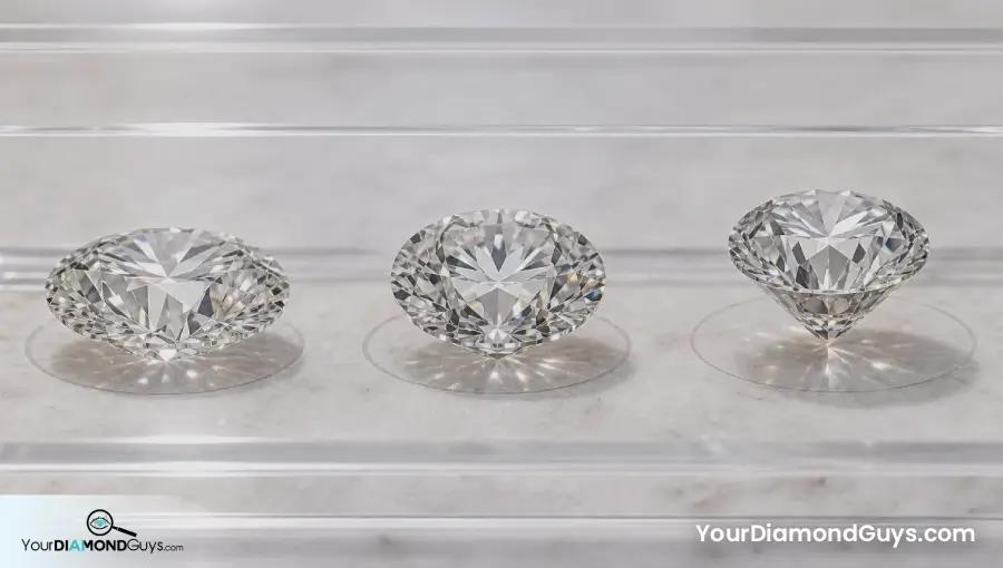 Three round diamonds on clear profile shelves showing shallow balanced and deep depth