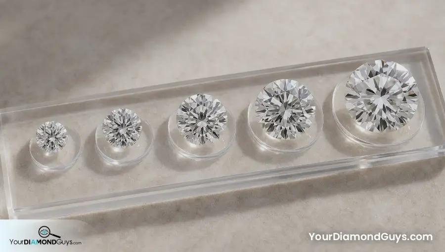 Round diamonds increasing in size on clear diameter pads for millimeter to carat reference